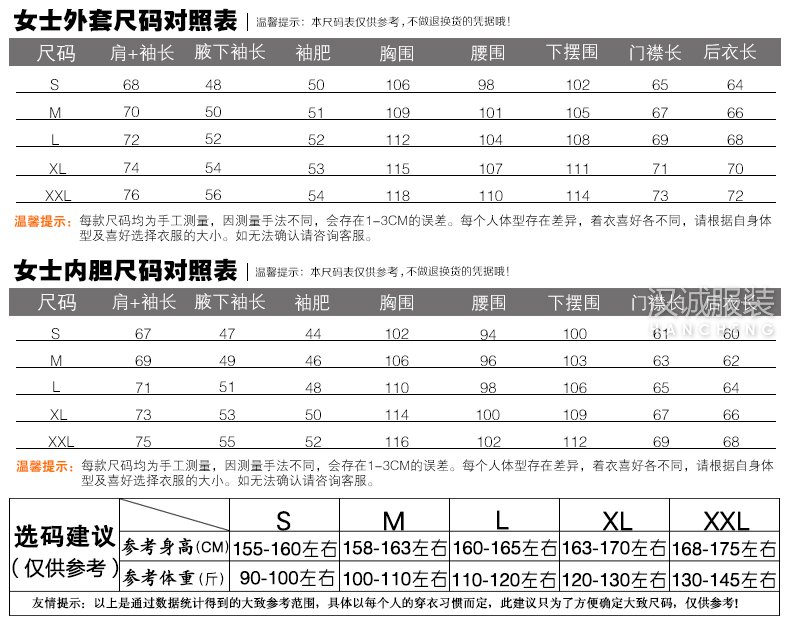 防寒三合一保暖全压胶冲锋衣-尺码表